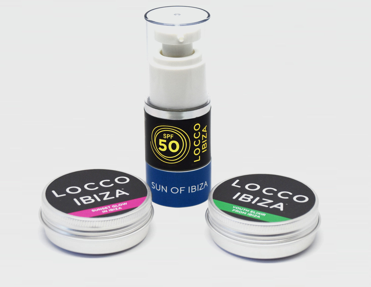 Los tres productos Sun of Ibiza sin caja – Gama completa crema solar Locco Ibiza